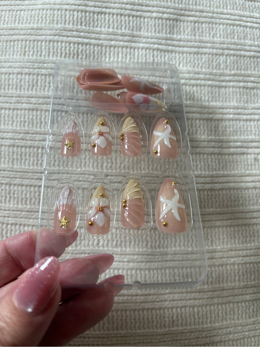 New 24 Peach Shell-Accent Press-On Nail Set with Gold Studs